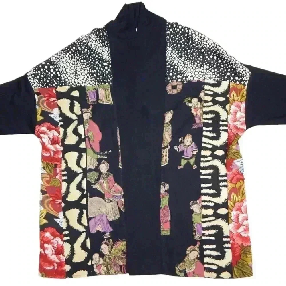 HARARI Oriental Print Open Cardigan Sweater Women's Size XS Colorful Art-to-Wear